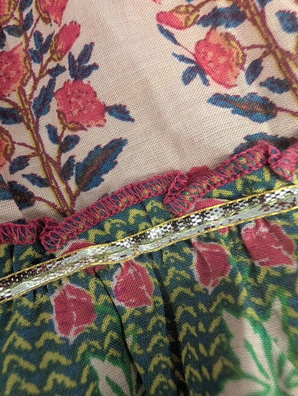 Maxi Skirt Bohemian Hippie Peasant Festival Floral Tiered  - Pink & Green Sz S - Picture 4 of 5